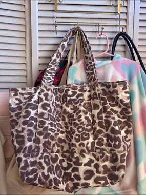Leopard Print Canvas Tote Bag in Brown and Cream